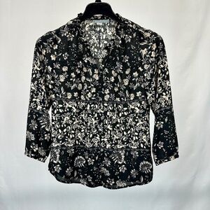 Daniel Rains Black & Beige Botanical Print Blouse 3/4 Sleeves Ruffle Collar Sm